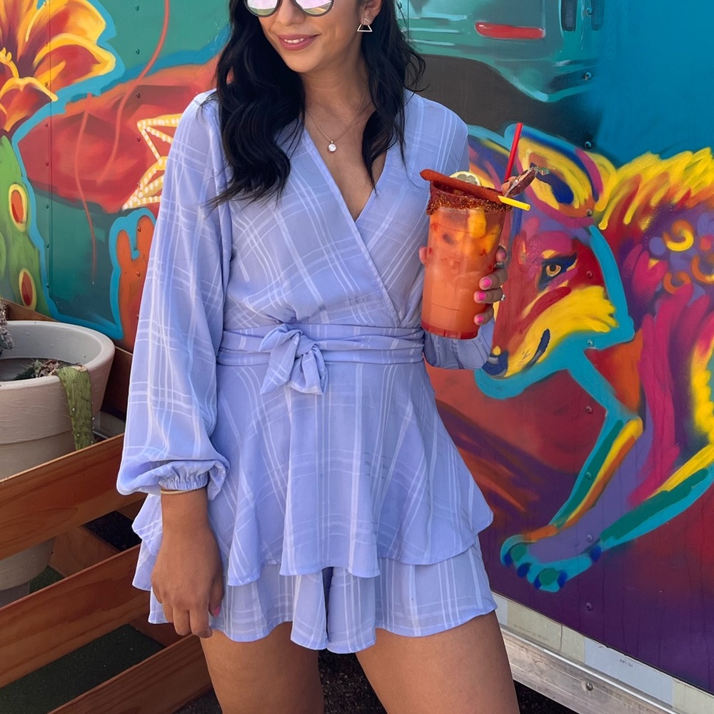 Relipop V Neck Baggy Sleeve Waist Tie Double Layer Ruffle Hem Mini Dress Romper